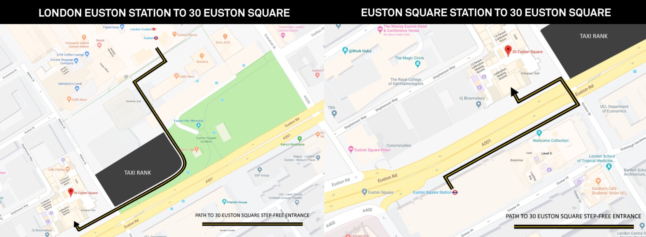 diagram showing step free directions from euston station to 30 euston square