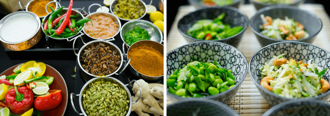 multiple bowls with variety of salads, spices and vegetables